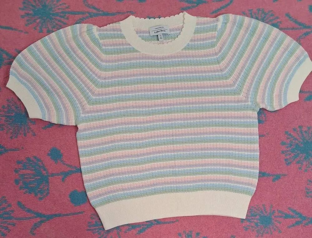& other stories womens medium top puffer sleeve green beige stripe cotton knit